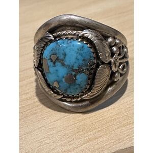 Vintage Southwestern Sterling Silver Turquoise Leaf Motif Ring Sz 11.75